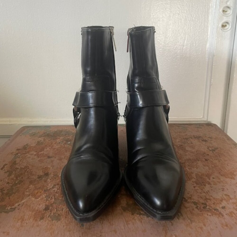 ZARA Black Moto Boots Women's Size 6.5 Black Zip Up Strap Silver Buckle Biker